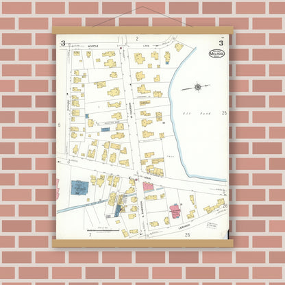 Old map wall art mockup — magnetic wood frame on brick wall — Sanborn Fire Insurance Map from Melrose, Middlesex County, Massachusetts (1923), Sheet #0003