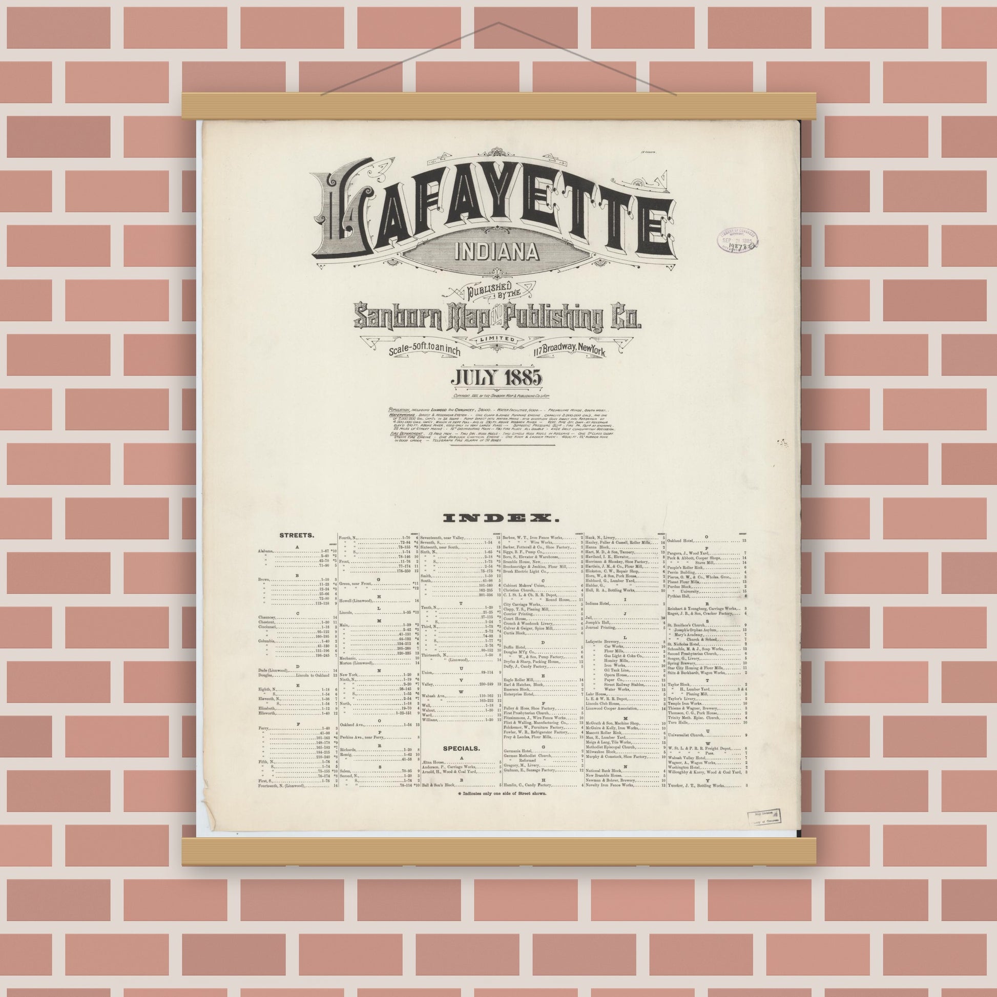 Old map wall art mockup — magnetic wood frame on brick wall — Sanborn Fire Insurance Map from Lafayette, Tippecanoe County, Indiana (1885), Sheet #0001
