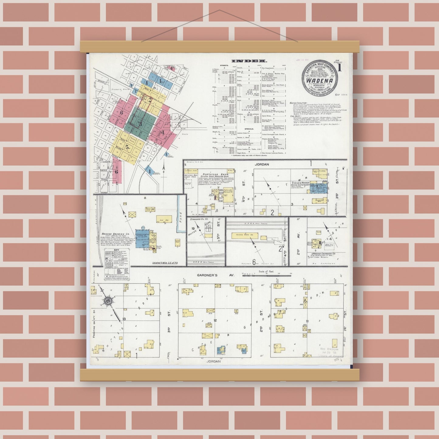Old map wall art mockup — magnetic wood frame on brick wall — Sanborn Fire Insurance Map from Wadena, Wadena County, Minnesota (1909) - Complete Map Set