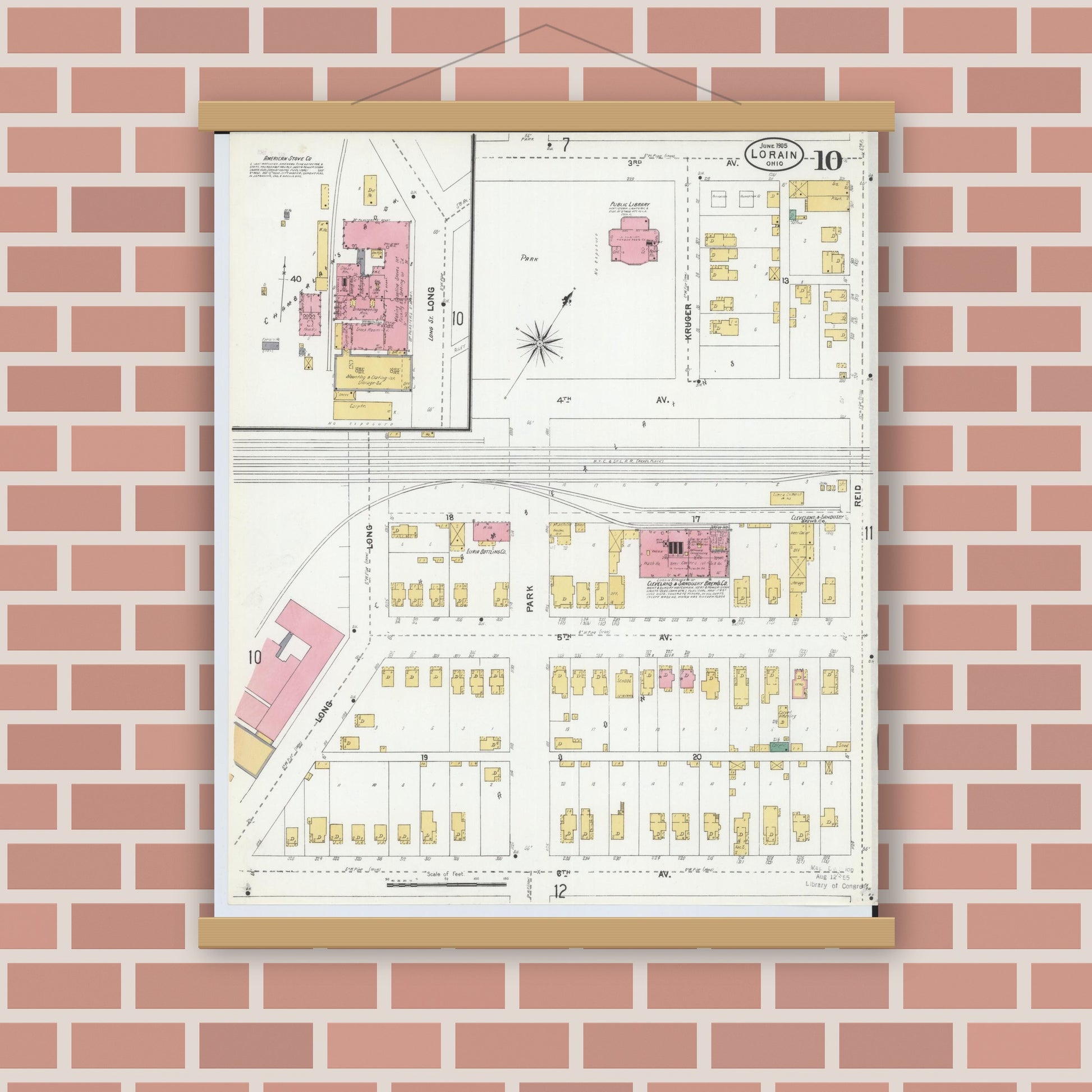 Old map wall art mockup — magnetic wood frame on brick wall — Sanborn Fire Insurance Map from Lorain, Lorain County, Ohio (1905), Sheet #0010