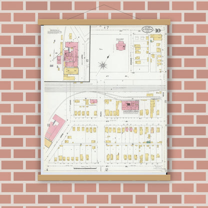 Old map wall art mockup — magnetic wood frame on brick wall — Sanborn Fire Insurance Map from Lorain, Lorain County, Ohio (1905), Sheet #0010