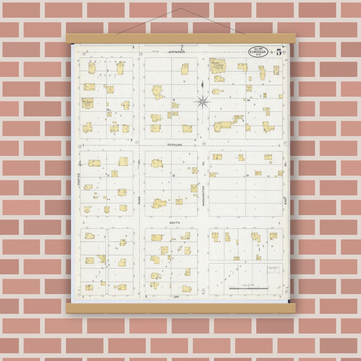Old map wall art mockup — magnetic wood frame on brick wall — Sanborn Fire Insurance Map from Viroqua, Vernon County, Wisconsin (1905), Sheet #0005