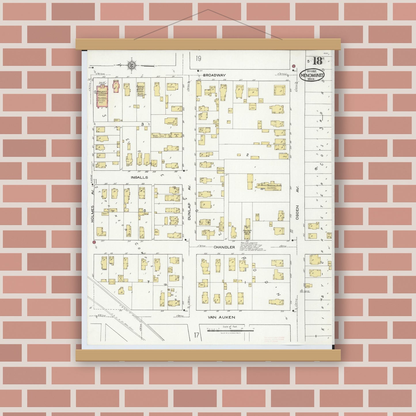 Old map wall art mockup — magnetic wood frame on brick wall — Sanborn Fire Insurance Map from Menominee, Menominee County, Michigan (1921), Sheet #0018