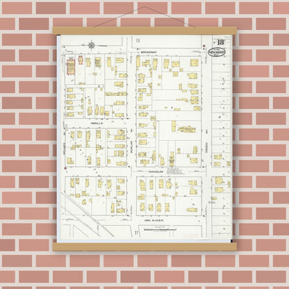 Old map wall art mockup — magnetic wood frame on brick wall — Sanborn Fire Insurance Map from Menominee, Menominee County, Michigan (1921), Sheet #0018