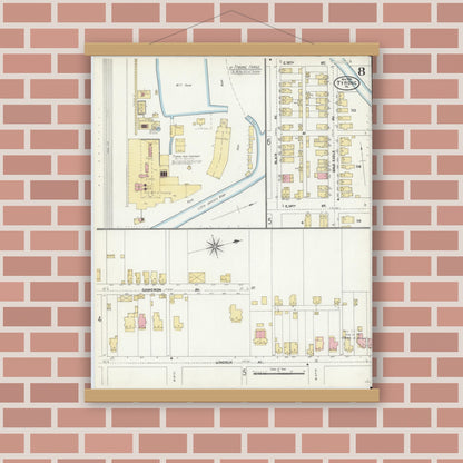 Old map wall art mockup — magnetic wood frame on brick wall — Sanborn Fire Insurance Map from Tyrone, Blair County, Pennsylvania (1906), Sheet #0008