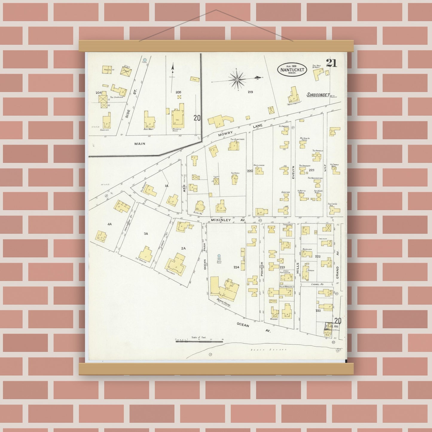 Old map wall art mockup — magnetic wood frame on brick wall — Sanborn Fire Insurance Map from Nantucket, Nantucket County, Massachusetts (1909), Sheet #0021