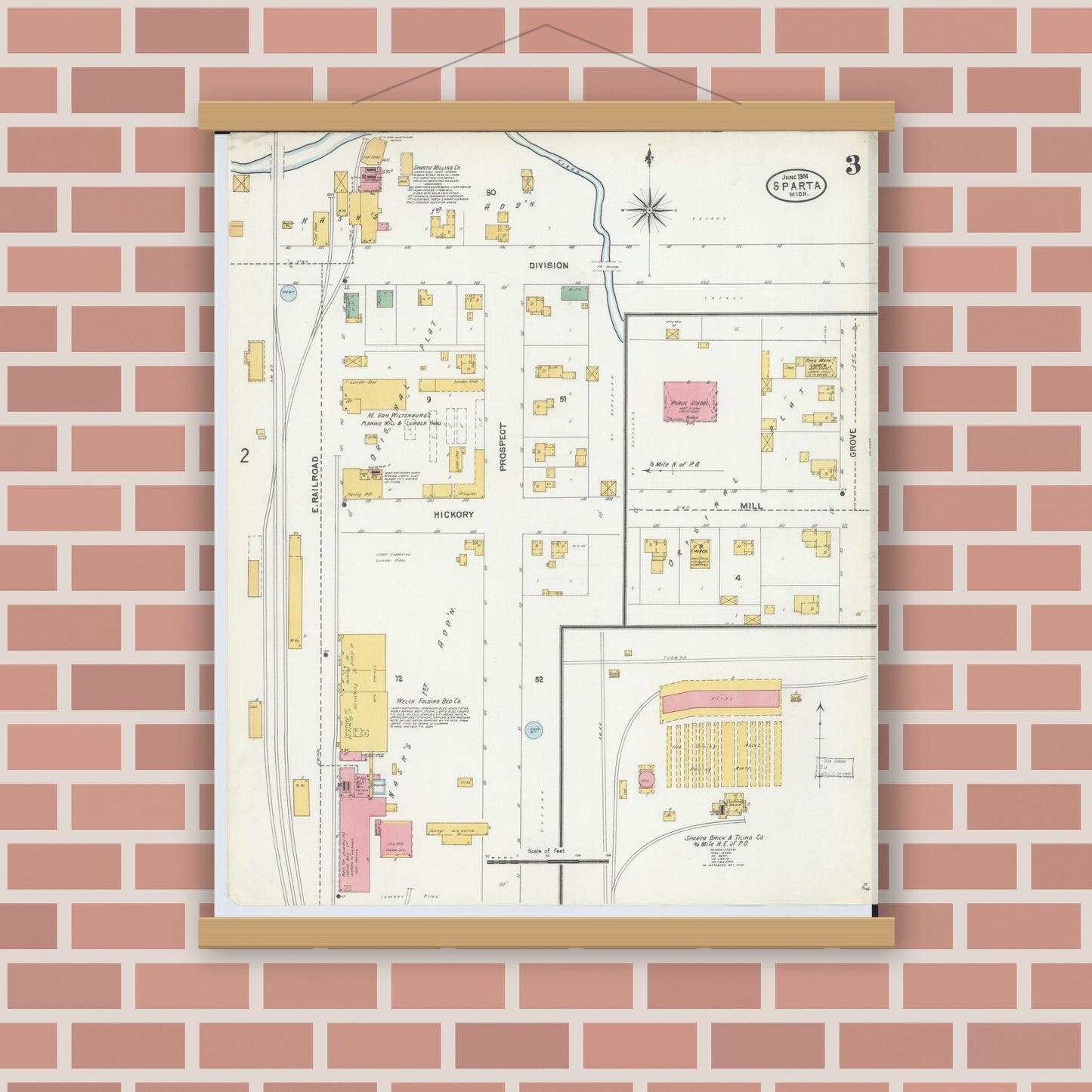 Old map wall art mockup — magnetic wood frame on brick wall — Sanborn Fire Insurance Map from Sparta, Kent County, Michigan (1904), Sheet #0003