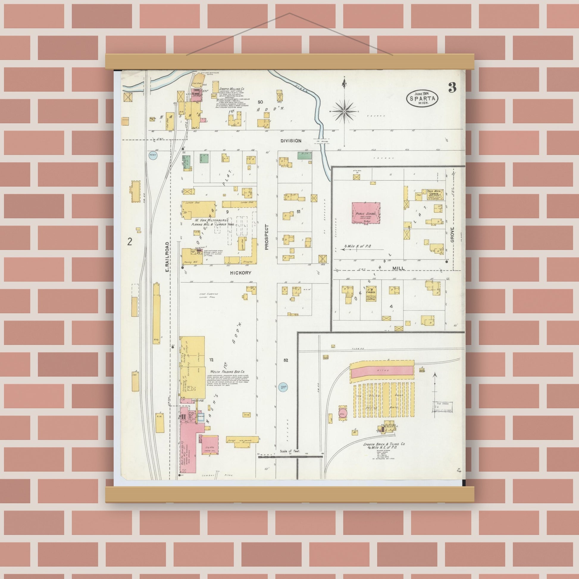 Old map wall art mockup — magnetic wood frame on brick wall — Sanborn Fire Insurance Map from Sparta, Kent County, Michigan (1904), Sheet #0003
