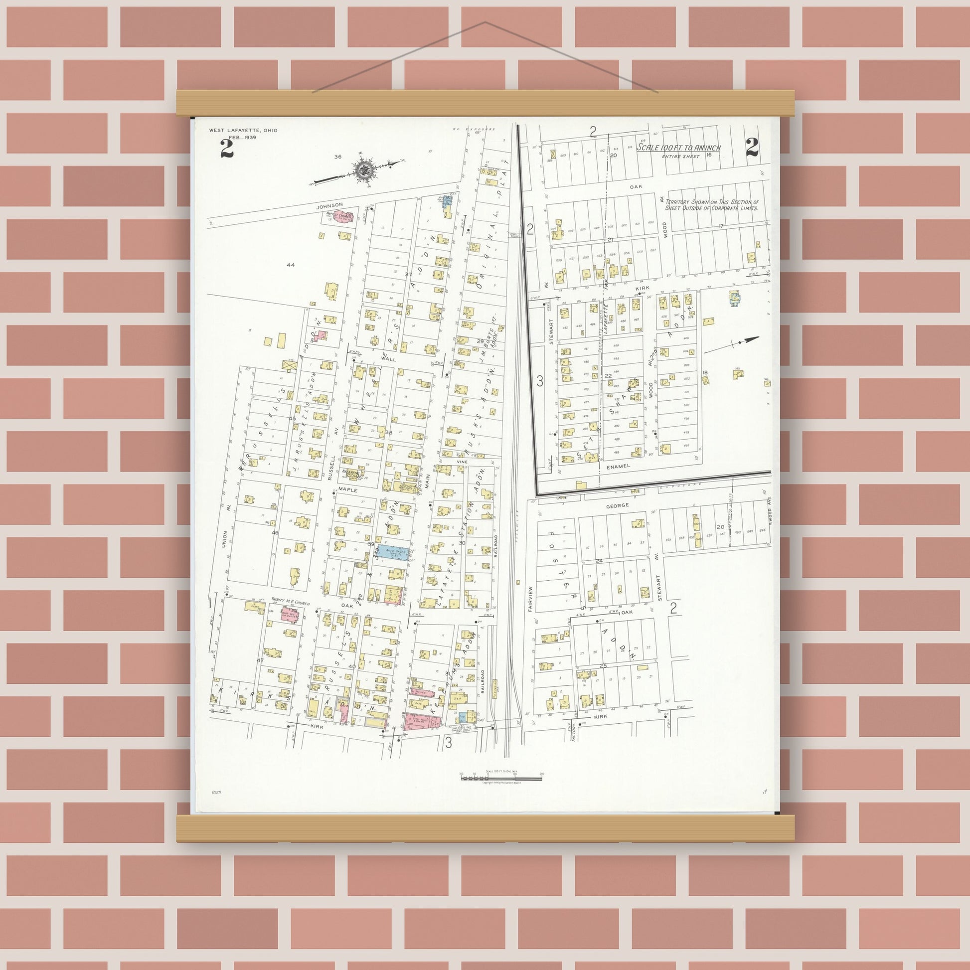 Old map wall art mockup — magnetic wood frame on brick wall — Sanborn Fire Insurance Map from West Lafayette, Coshocton County, Ohio (1939), Sheet #0002