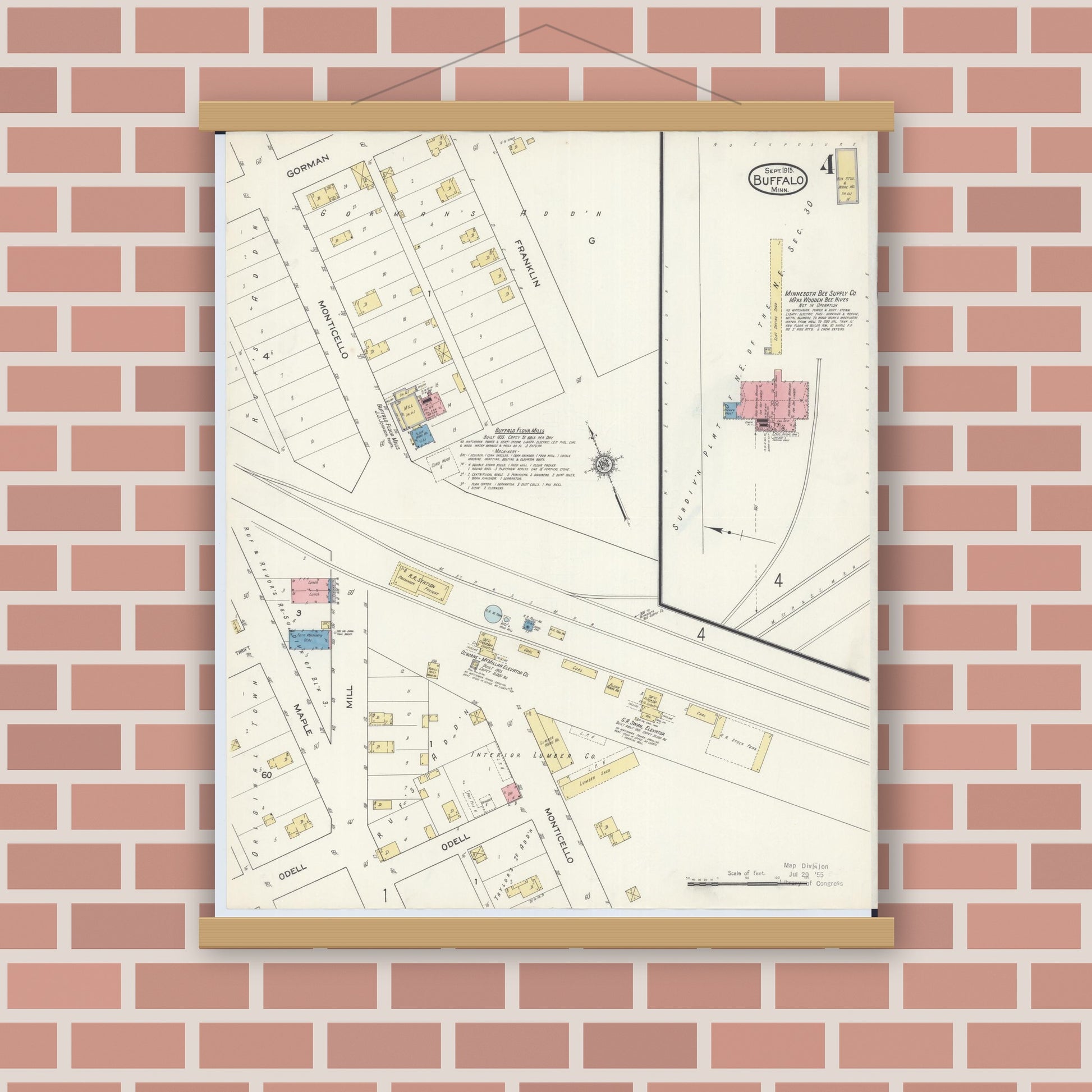 Old map wall art mockup — magnetic wood frame on brick wall — Sanborn Fire Insurance Map from Buffalo, Wright County, Minnesota (1915), Sheet #0004