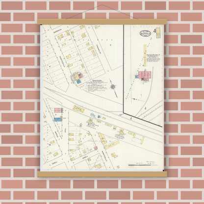 Old map wall art mockup — magnetic wood frame on brick wall — Sanborn Fire Insurance Map from Buffalo, Wright County, Minnesota (1915), Sheet #0004