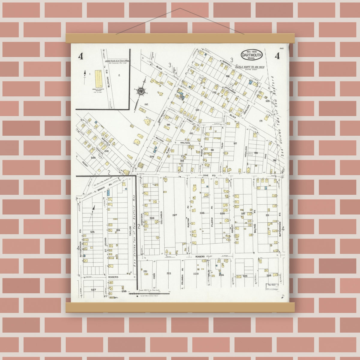 Old map wall art mockup — magnetic wood frame on brick wall — Sanborn Fire Insurance Map from Dartmouth, Bristol County, Massachusetts (1924), Sheet #0004