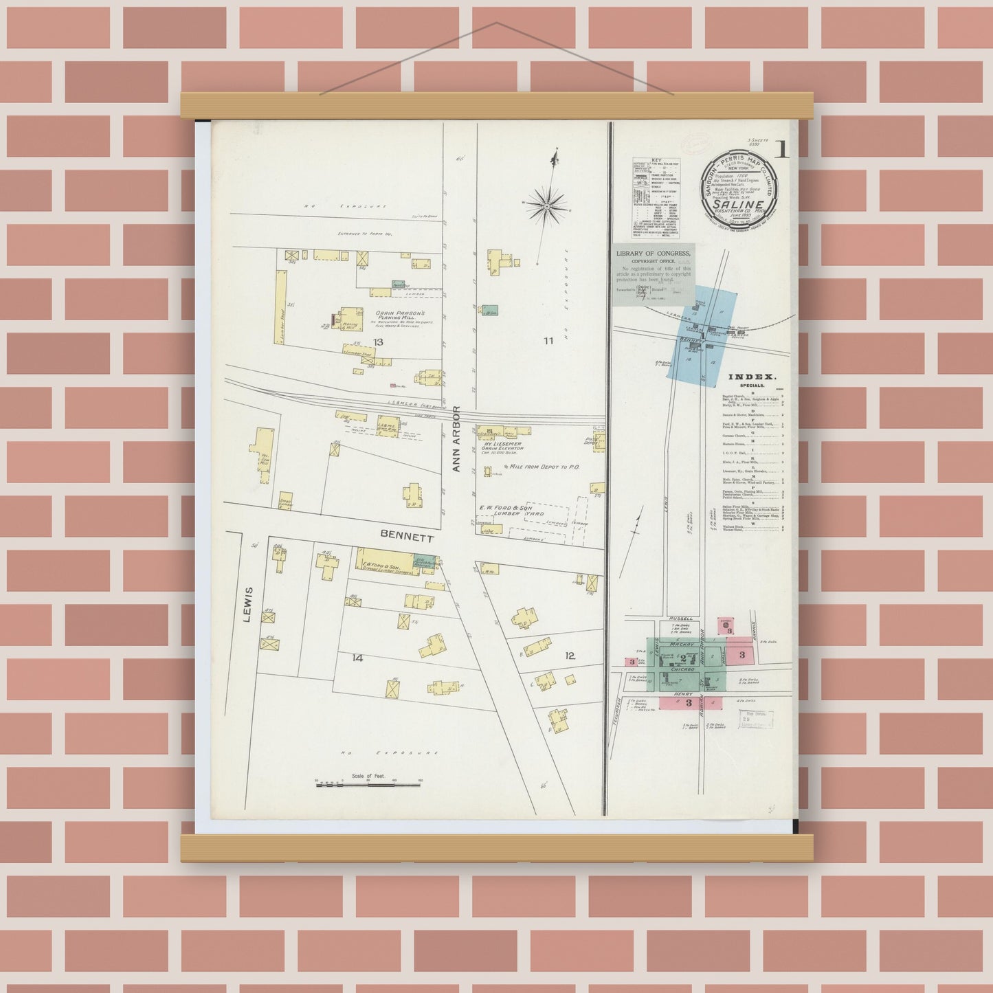 Old map wall art mockup — magnetic wood frame on brick wall — Sanborn Fire Insurance Map from Saline, Washtenaw County, Michigan (1893) - Complete Map Set