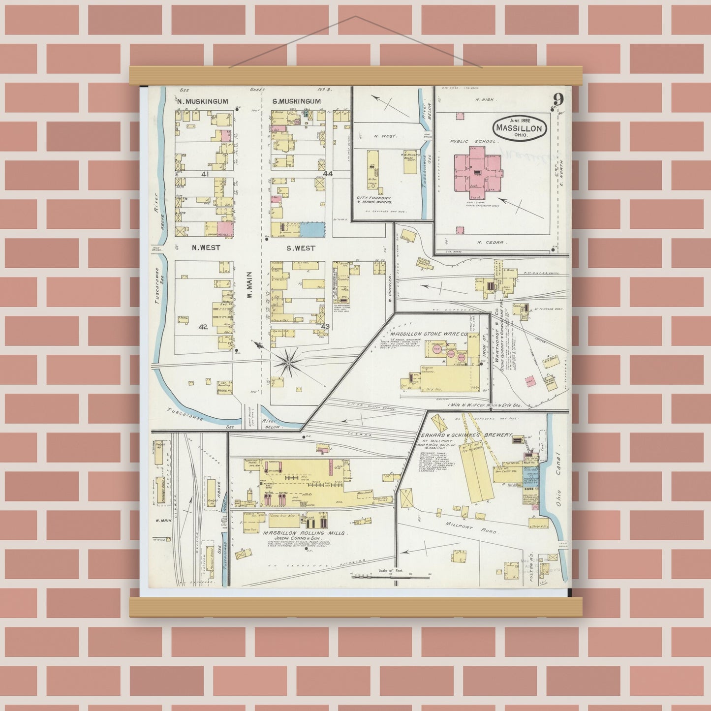Old map wall art mockup — magnetic wood frame on brick wall — Sanborn Fire Insurance Map from Massillon, Stark County, Ohio (1892), Sheet #0009