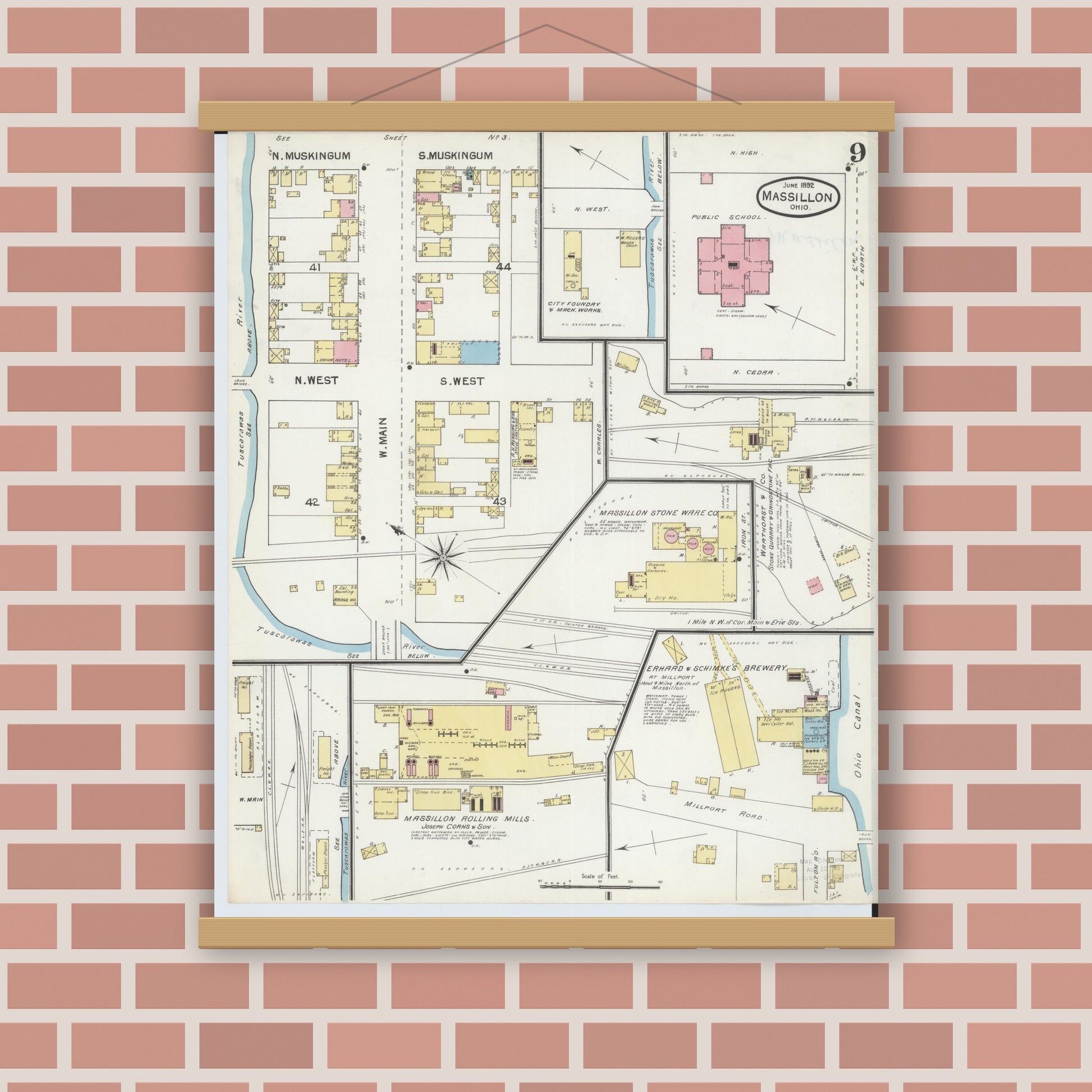 Old map wall art mockup — magnetic wood frame on brick wall — Sanborn Fire Insurance Map from Massillon, Stark County, Ohio (1892), Sheet #0009