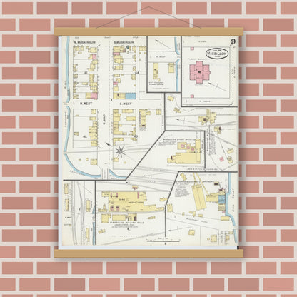 Old map wall art mockup — magnetic wood frame on brick wall — Sanborn Fire Insurance Map from Massillon, Stark County, Ohio (1892), Sheet #0009
