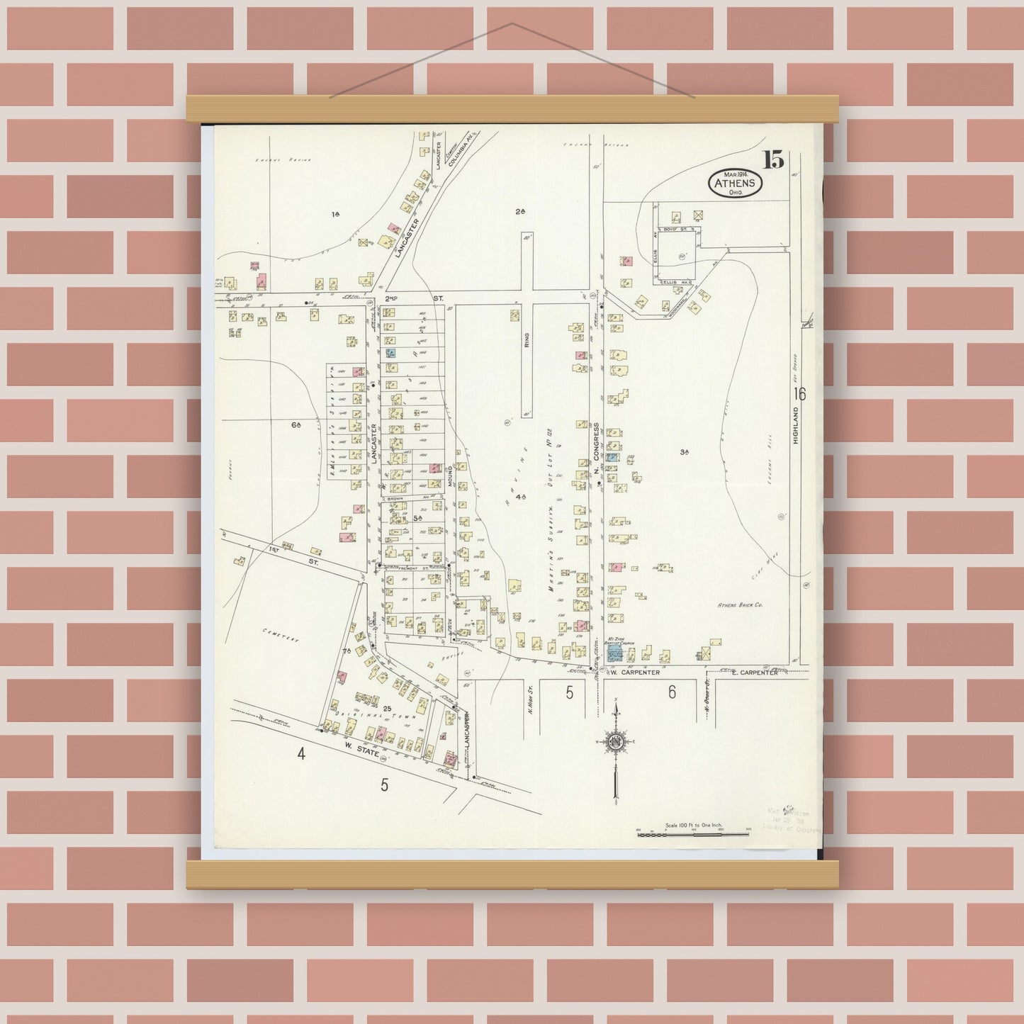 Old map wall art mockup — magnetic wood frame on brick wall — Sanborn Fire Insurance Map from Athens, Athens County, Ohio (1914), Sheet #0015