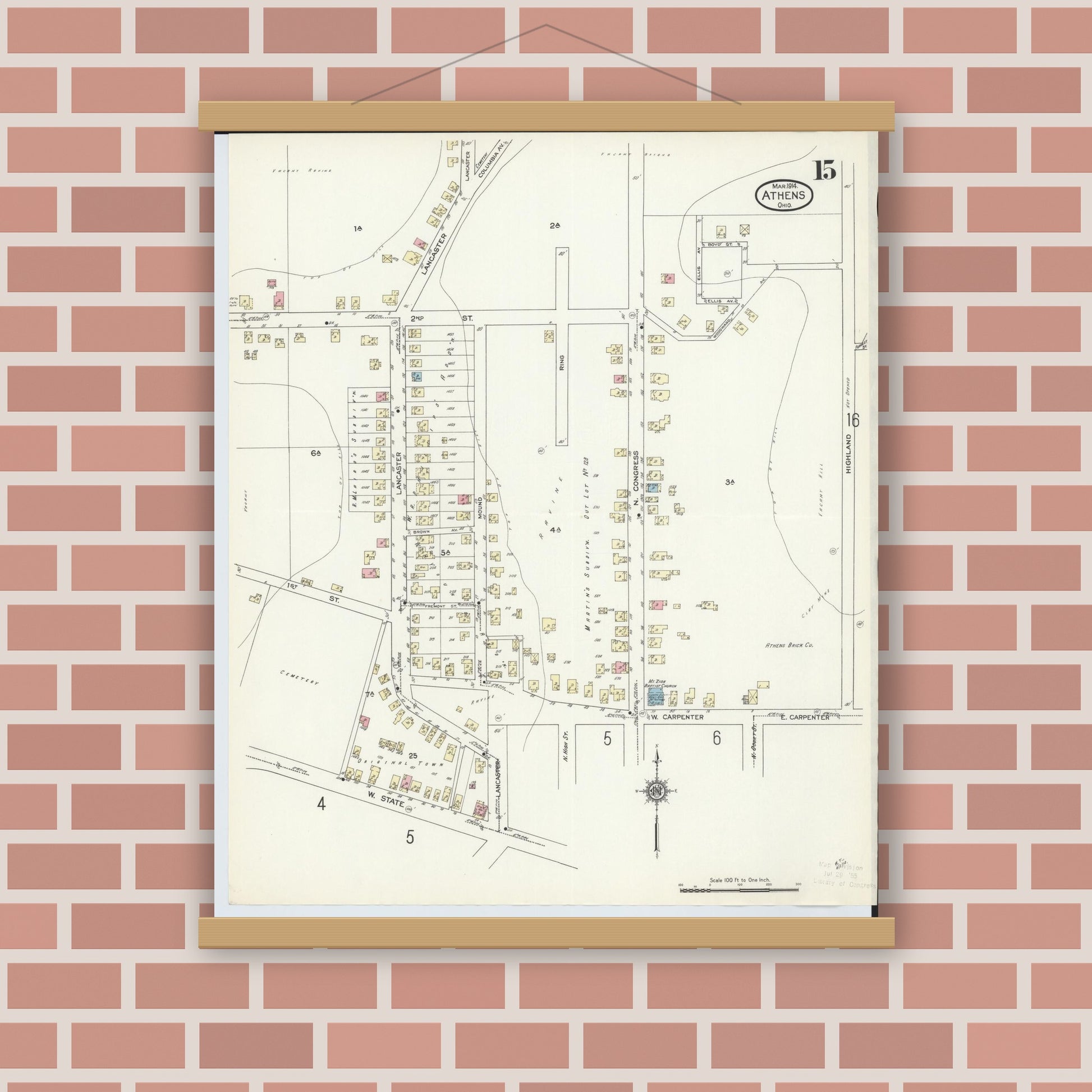 Old map wall art mockup — magnetic wood frame on brick wall — Sanborn Fire Insurance Map from Athens, Athens County, Ohio (1914), Sheet #0015