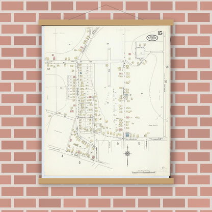 Old map wall art mockup — magnetic wood frame on brick wall — Sanborn Fire Insurance Map from Athens, Athens County, Ohio (1914), Sheet #0015