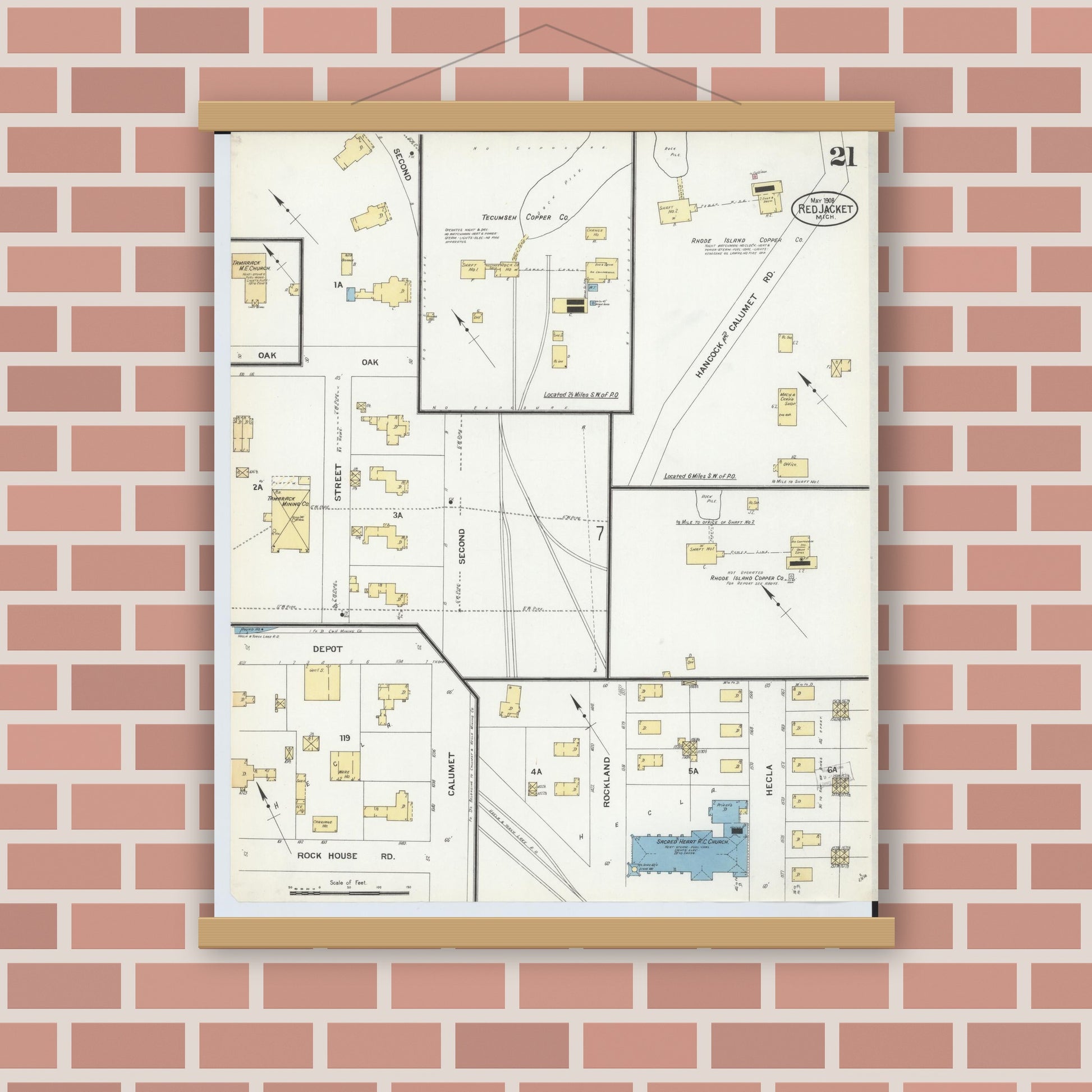 Old map wall art mockup — magnetic wood frame on brick wall — Sanborn Fire Insurance Map from Red Jacket, Houghton County, Michigan (1908), Sheet #0021