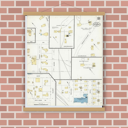 Old map wall art mockup — magnetic wood frame on brick wall — Sanborn Fire Insurance Map from Red Jacket, Houghton County, Michigan (1908), Sheet #0021