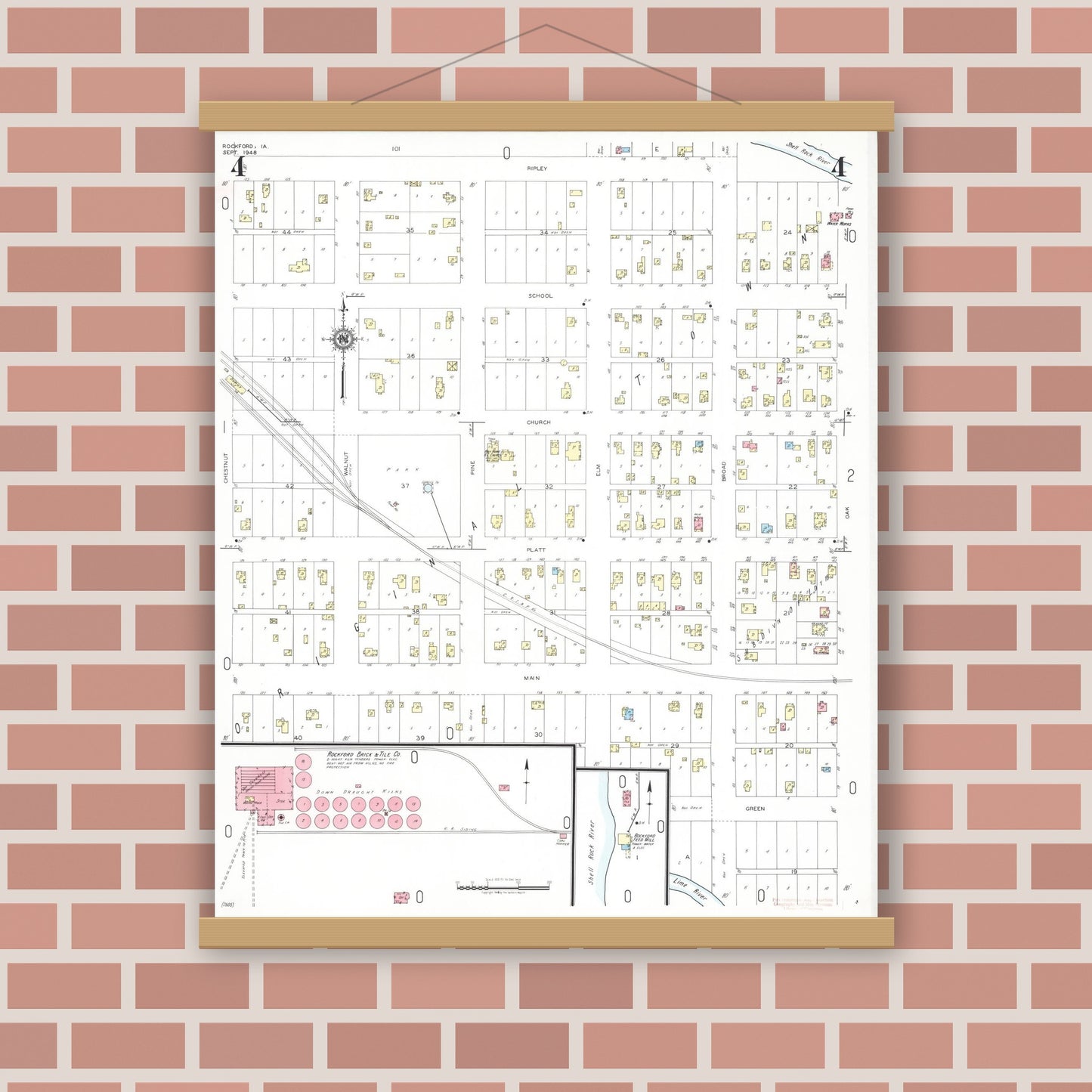 Old map wall art mockup — magnetic wood frame on brick wall — Sanborn Fire Insurance Map from Rockford, Floyd County, Iowa (1948), Sheet #0004