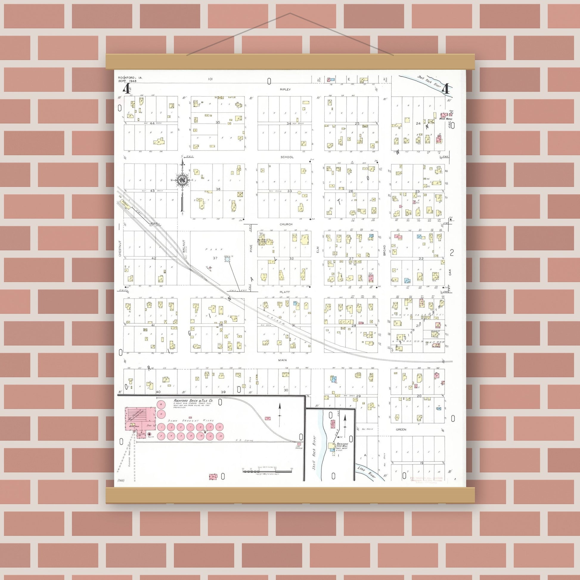 Old map wall art mockup — magnetic wood frame on brick wall — Sanborn Fire Insurance Map from Rockford, Floyd County, Iowa (1948), Sheet #0004