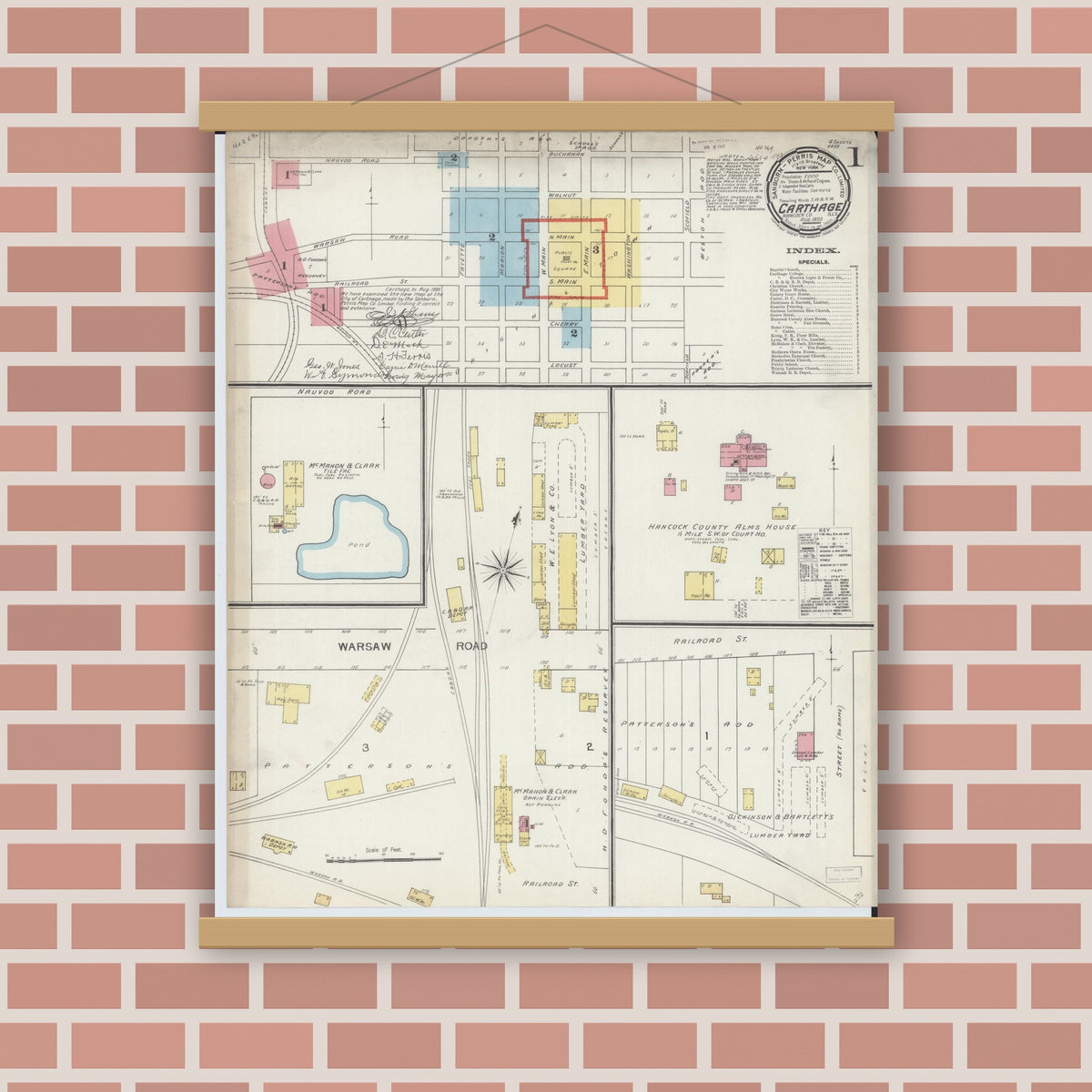 Old map wall art mockup — magnetic wood frame on brick wall — Sanborn Fire Insurance Map from Carthage, Hancock County, Illinois (1893) - Complete Map Set