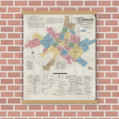 Old map wall art mockup — magnetic wood frame on brick wall — Sanborn Fire Insurance Map from Hanover, York County, Pennsylvania (1917), Sheet #0001