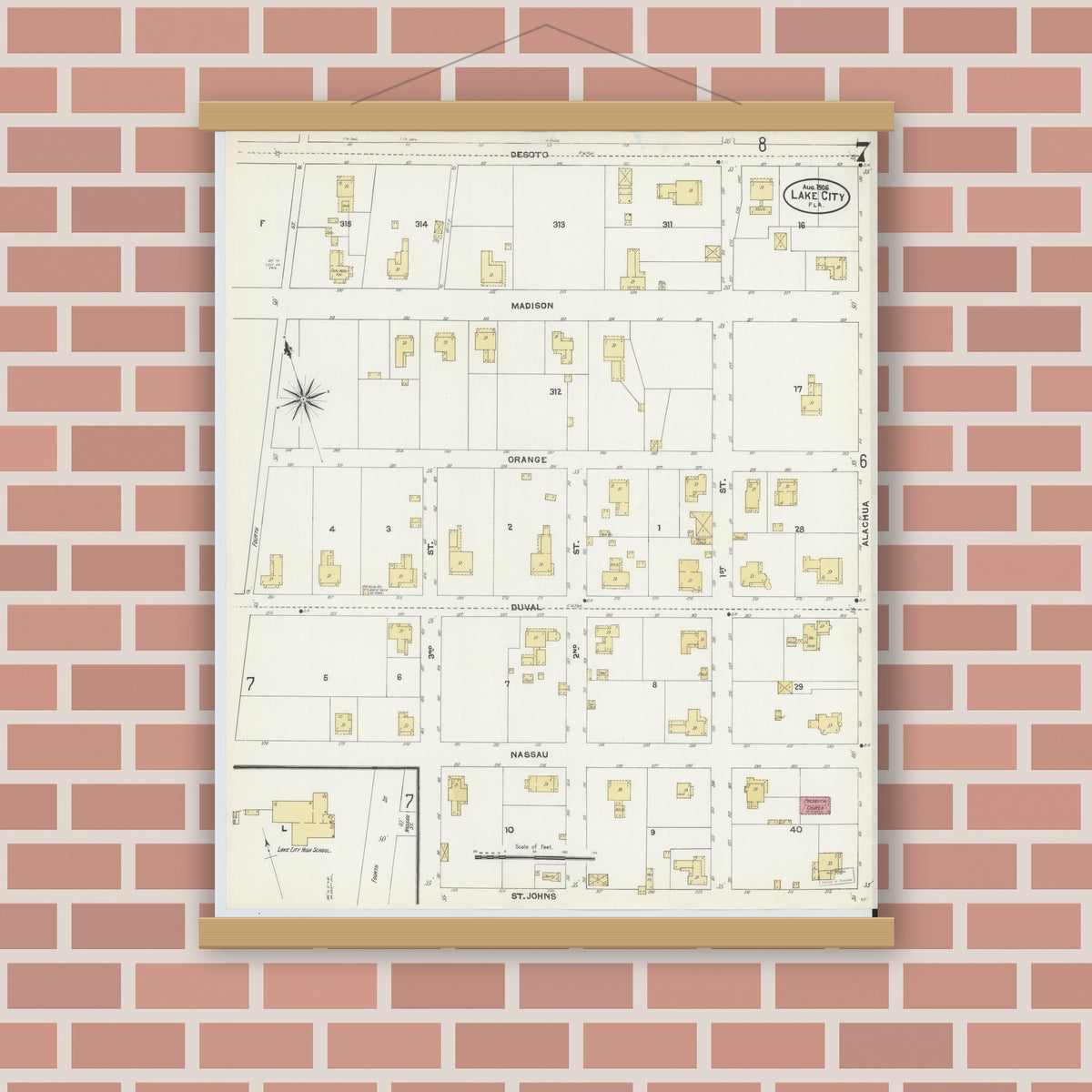 Old map wall art mockup — magnetic wood frame on brick wall — Sanborn Fire Insurance Map from Lake City, Columbia County, Florida (1906), Sheet #0007