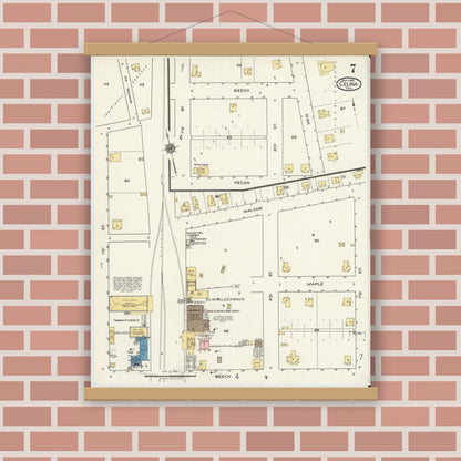 Old map wall art mockup — magnetic wood frame on brick wall — Sanborn Fire Insurance Map from Celina, Collin County, Texas (1920), Sheet #0007