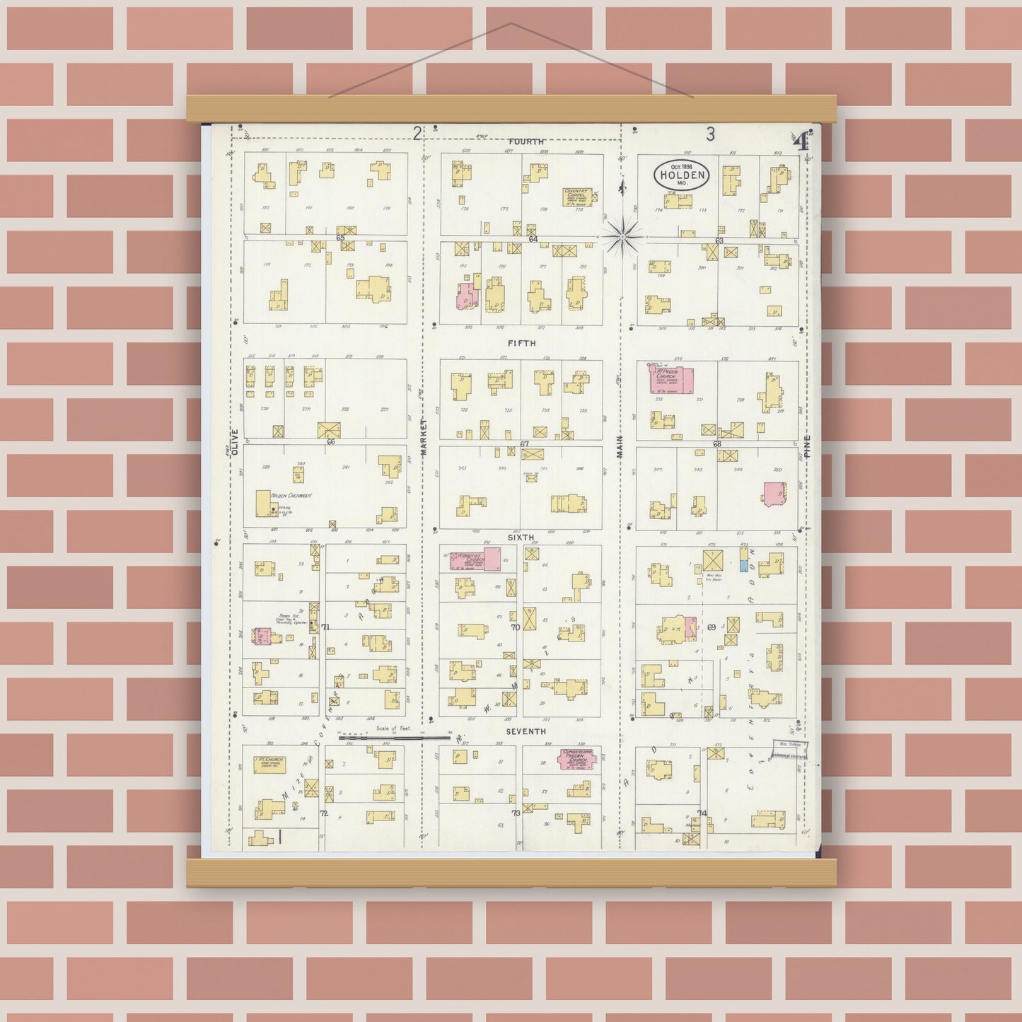 Old map wall art mockup — magnetic wood frame on brick wall — Sanborn Fire Insurance Map from Holden, Johnson County, Missouri (1898), Sheet #0004