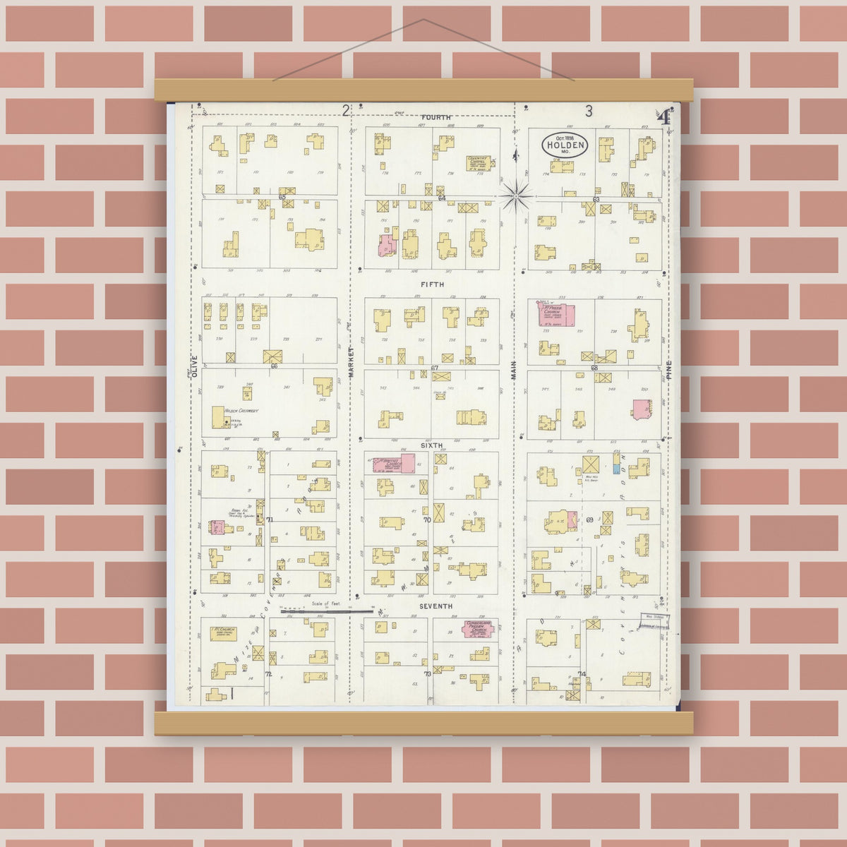 Old map wall art mockup — magnetic wood frame on brick wall — Sanborn Fire Insurance Map from Holden, Johnson County, Missouri (1898), Sheet #0004
