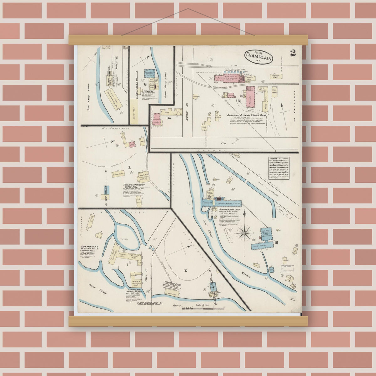 Old map wall art mockup — magnetic wood frame on brick wall — Sanborn Fire Insurance Map from Champlain, Clinton County, New York (1884), Sheet #0002