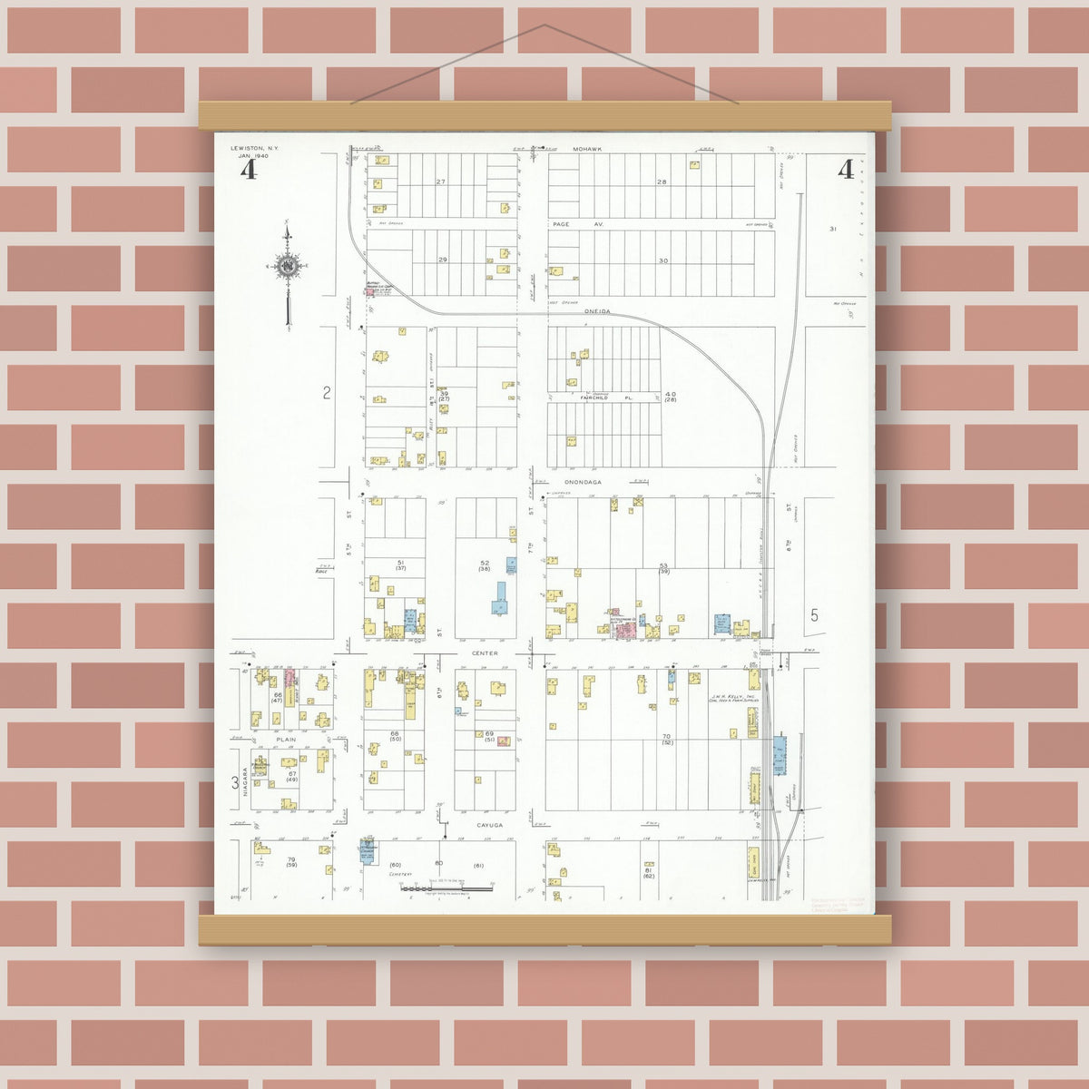 Old map wall art mockup — magnetic wood frame on brick wall — Sanborn Fire Insurance Map from Lewiston, Niagara County, New York (1940), Sheet #0004