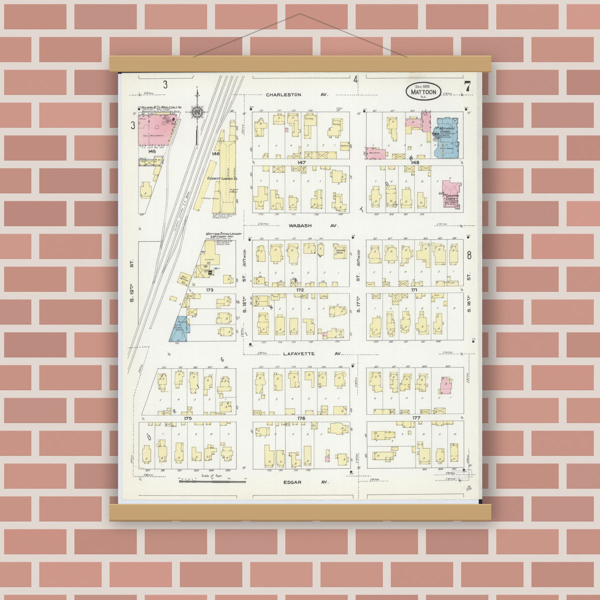 Old map wall art mockup — magnetic wood frame on brick wall — Sanborn Fire Insurance Map from Mattoon, Coles County, Illinois (1909), Sheet #0007