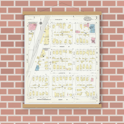 Old map wall art mockup — magnetic wood frame on brick wall — Sanborn Fire Insurance Map from Mattoon, Coles County, Illinois (1909), Sheet #0007