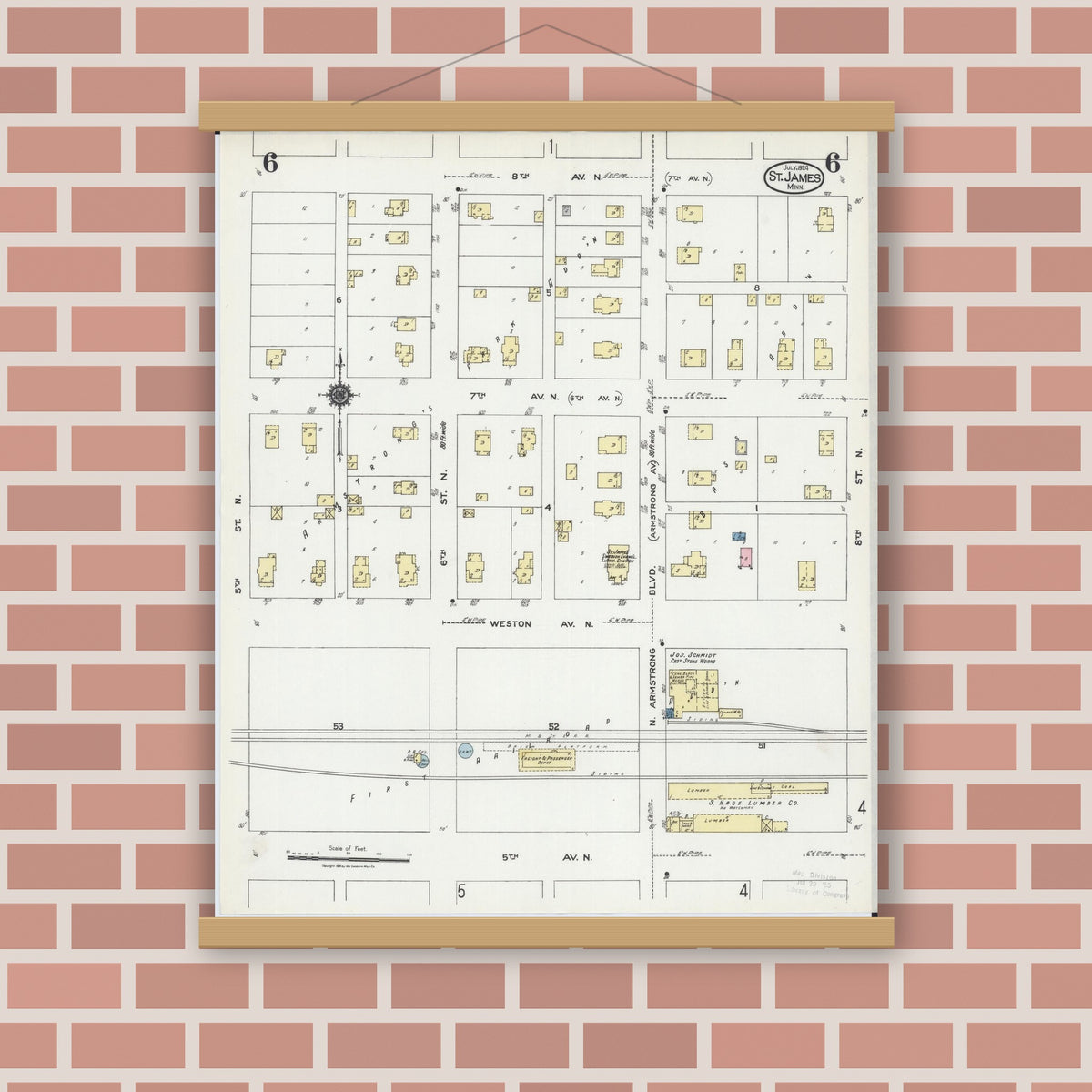 Old map wall art mockup — magnetic wood frame on brick wall — Sanborn Fire Insurance Map from Saint James, Watonwan County, Minnesota (1924), Sheet #0006