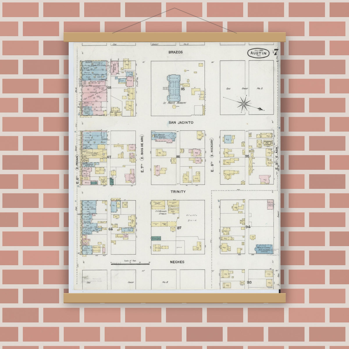 Old map wall art mockup — magnetic wood frame on brick wall — Sanborn Fire Insurance Map from Austin, Travis County, Texas (1889), Sheet #0007