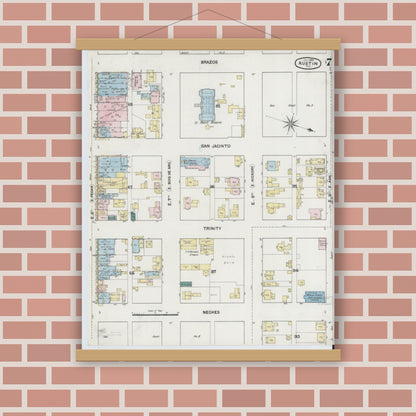 Old map wall art mockup — magnetic wood frame on brick wall — Sanborn Fire Insurance Map from Austin, Travis County, Texas (1889), Sheet #0007