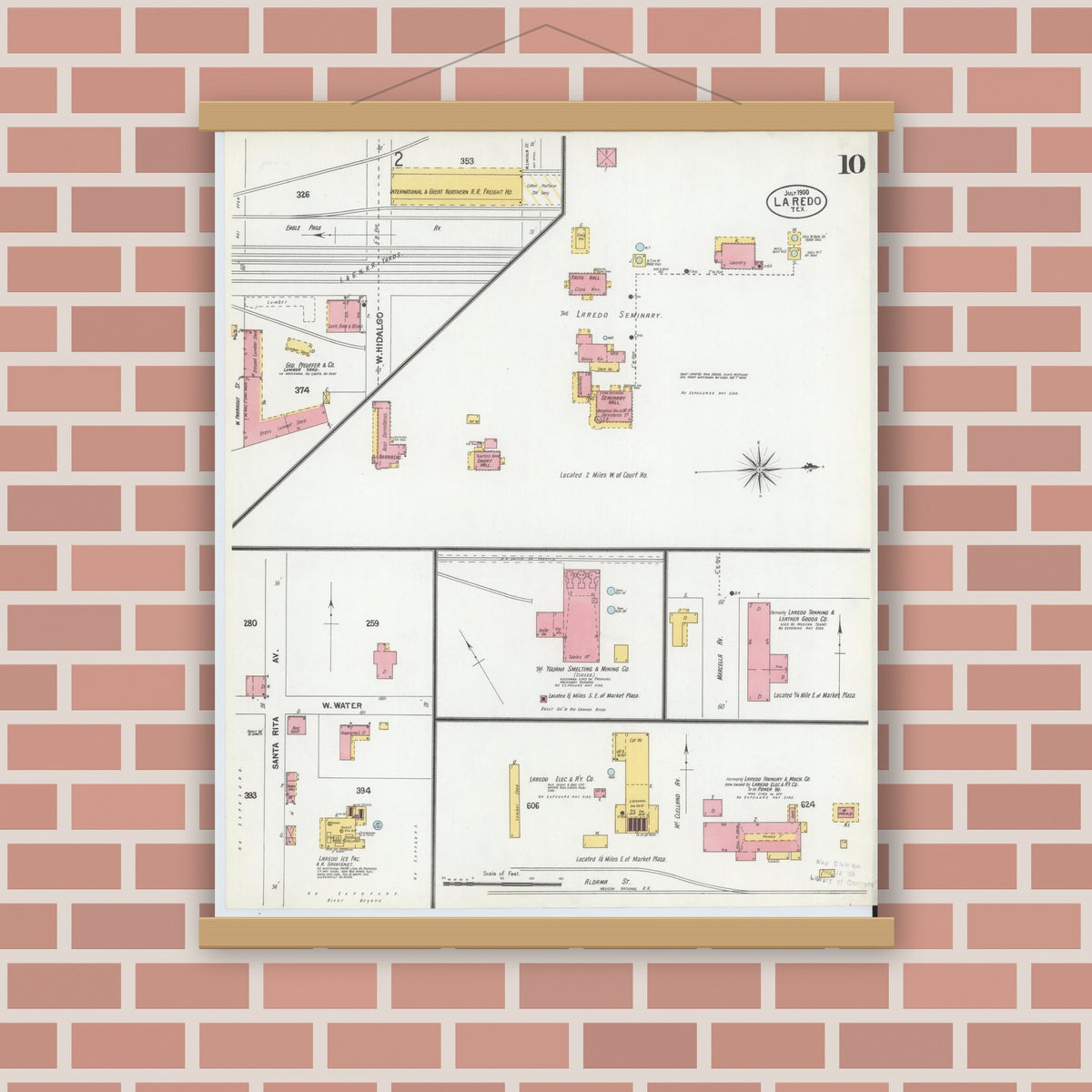 Old map wall art mockup — magnetic wood frame on brick wall — Sanborn Fire Insurance Map from Laredo, Webb County, Texas (1900), Sheet #0010