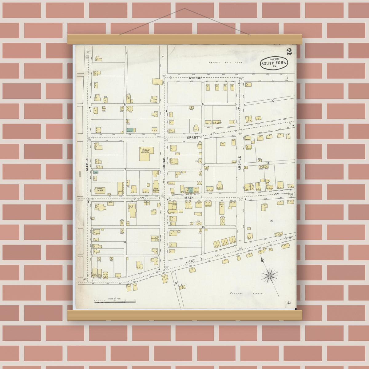 Old map wall art mockup — magnetic wood frame on brick wall — Sanborn Fire Insurance Map from South Fork, Cambria County, Pennsylvania (1895), Sheet #0002