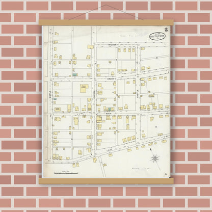 Old map wall art mockup — magnetic wood frame on brick wall — Sanborn Fire Insurance Map from South Fork, Cambria County, Pennsylvania (1895), Sheet #0002