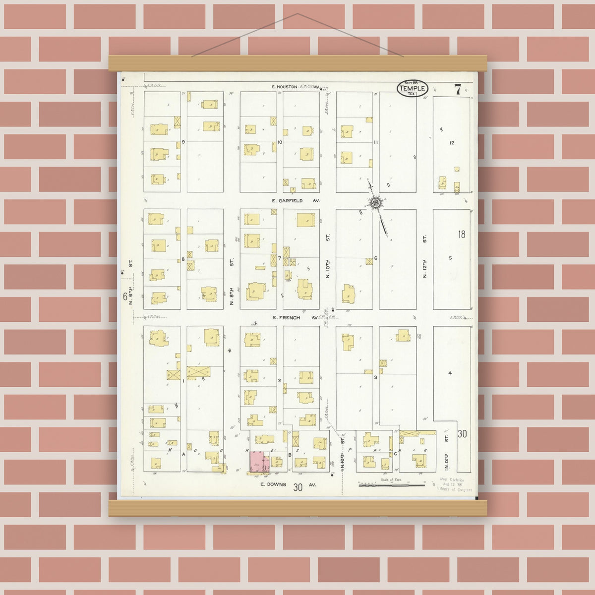 Old map wall art mockup — magnetic wood frame on brick wall — Sanborn Fire Insurance Map from Temple, Bell County, Texas (1915), Sheet #0007