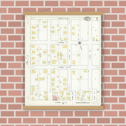 Old map wall art mockup — magnetic wood frame on brick wall — Sanborn Fire Insurance Map from Temple, Bell County, Texas (1915), Sheet #0007
