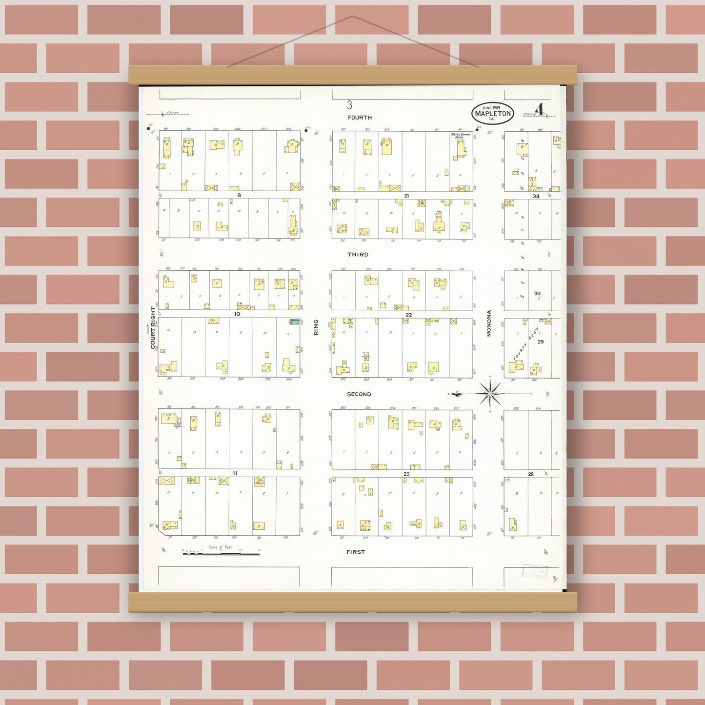 Old map wall art mockup — magnetic wood frame on brick wall — Sanborn Fire Insurance Map from Mapleton, Monona County, Iowa (1909), Sheet #0004