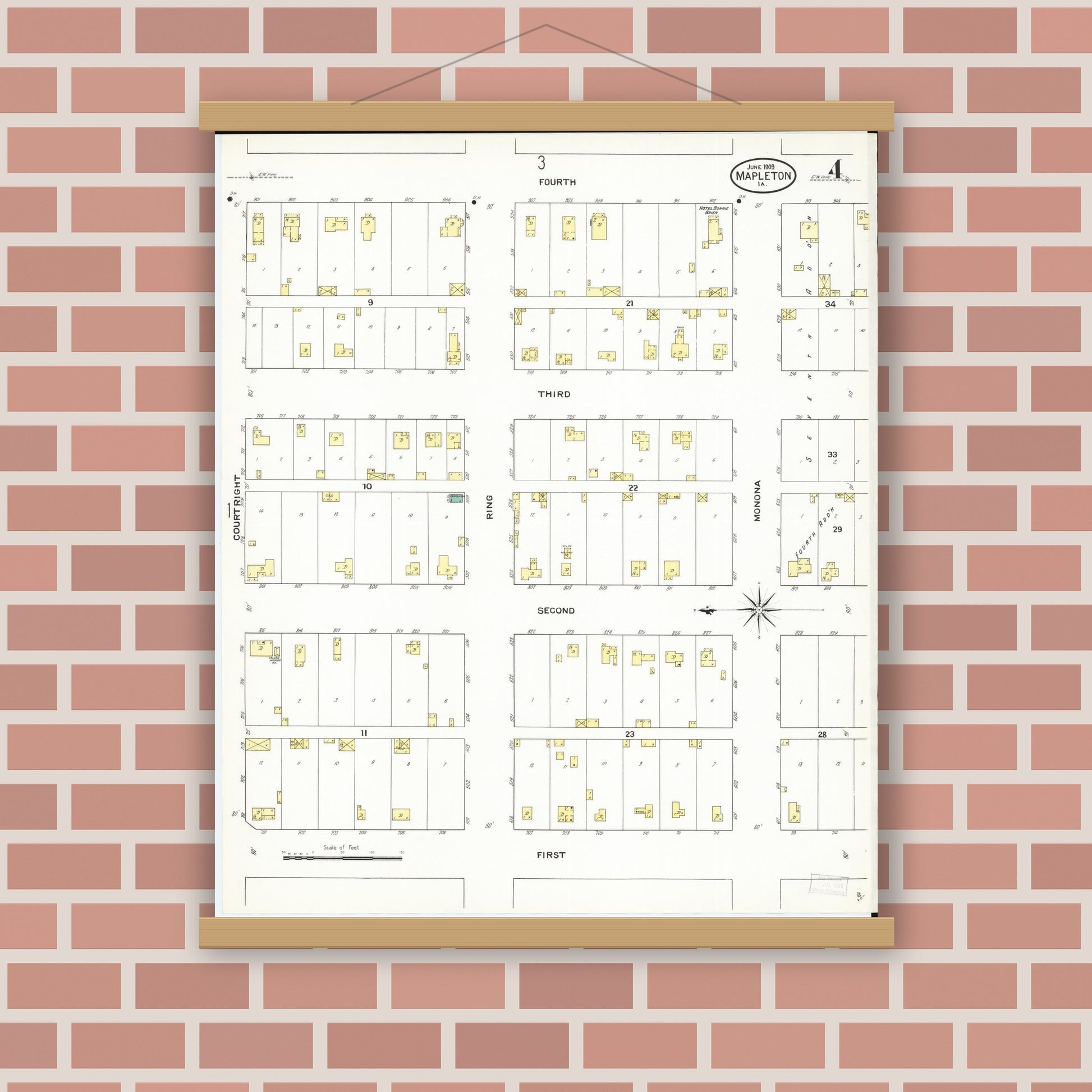 Old map wall art mockup — magnetic wood frame on brick wall — Sanborn Fire Insurance Map from Mapleton, Monona County, Iowa (1909), Sheet #0004