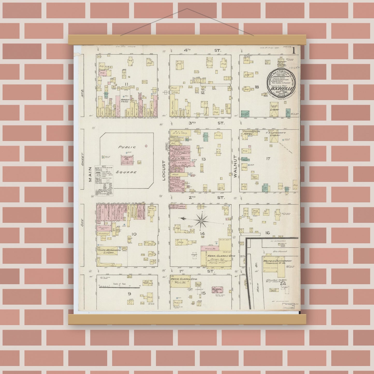 Old map wall art mockup — magnetic wood frame on brick wall — Sanborn Fire Insurance Map from Boonville, Warrick County, Indiana (1886) - Complete Map Set