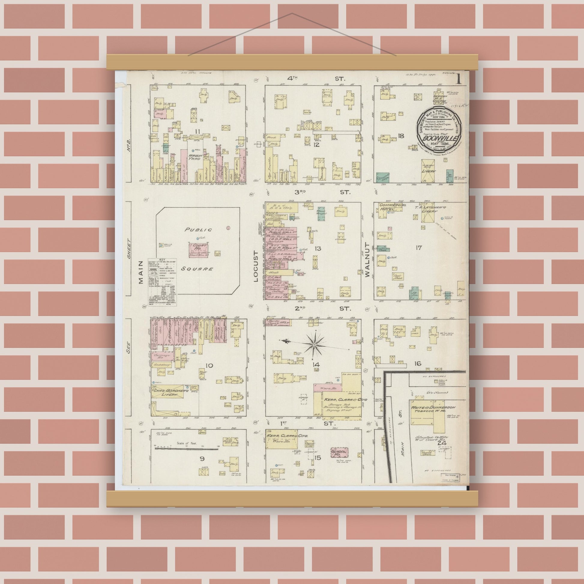 Old map wall art mockup — magnetic wood frame on brick wall — Sanborn Fire Insurance Map from Boonville, Warrick County, Indiana (1886) - Complete Map Set