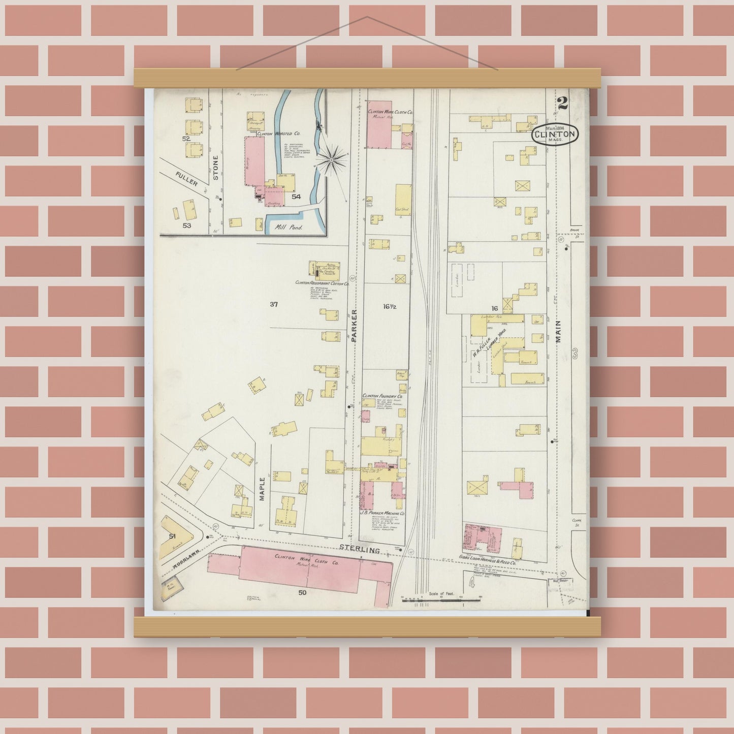Old map wall art mockup — magnetic wood frame on brick wall — Sanborn Fire Insurance Map from Clinton, Worcester County, Massachusetts (1894), Sheet #0002